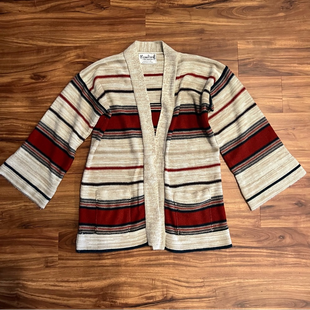 Vintage Kimlon Striped Beige and Red Bell Sleeve Open Cardigan